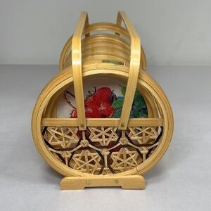 Vintage Bamboo Ratan 7-Piece Coaster Set in Stand Round Fruit‎ Decor Bohemian